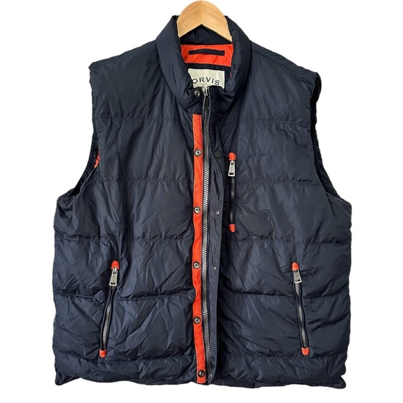 Orvis Down Puffer Vest Navy Orange Full Zip Snap Front Pockets Men’s Size XL - Picture 3 of 7